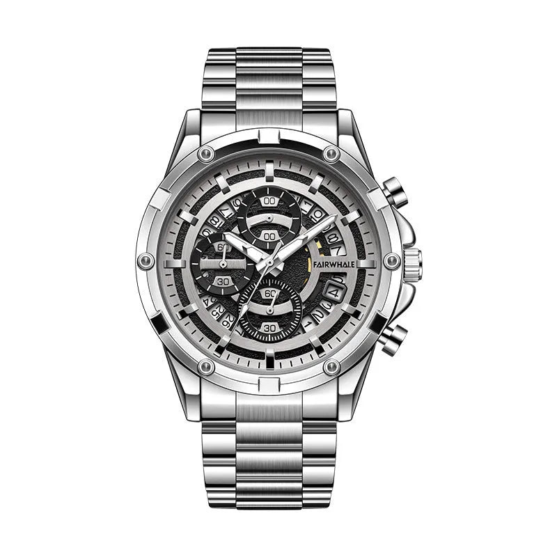 Men's waterproof luminous quartz watch with steel strap showing three colour options