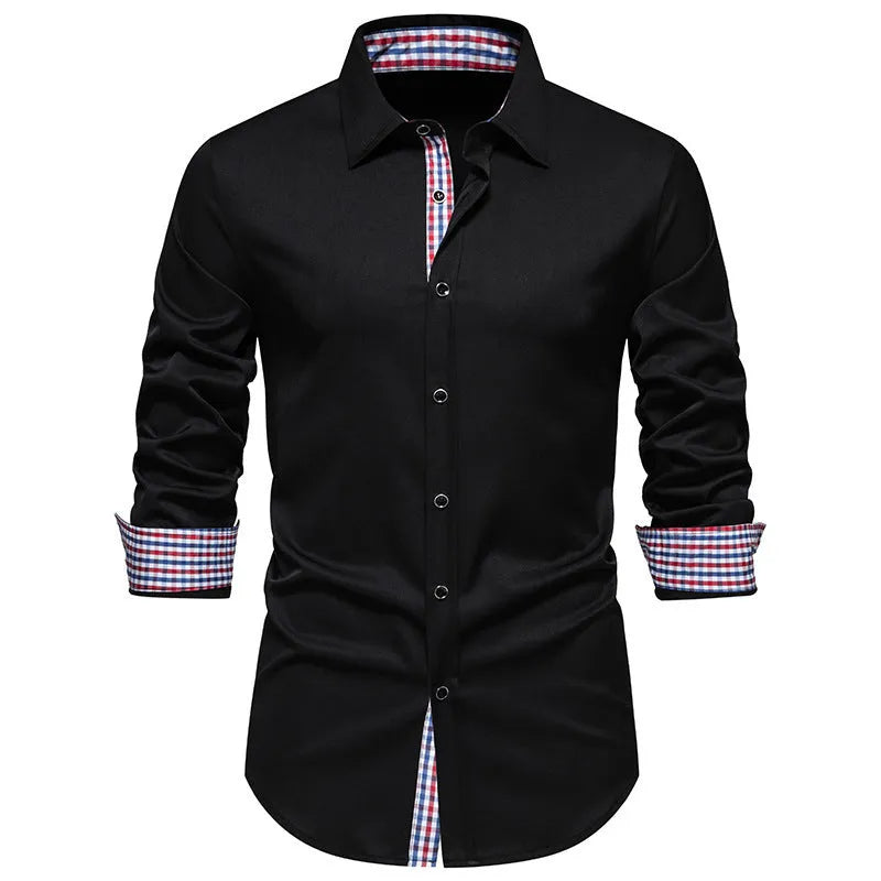 Men's loose plaid casual long-sleeved shirt in chemical fibre blend available in black, white, and wine red colours