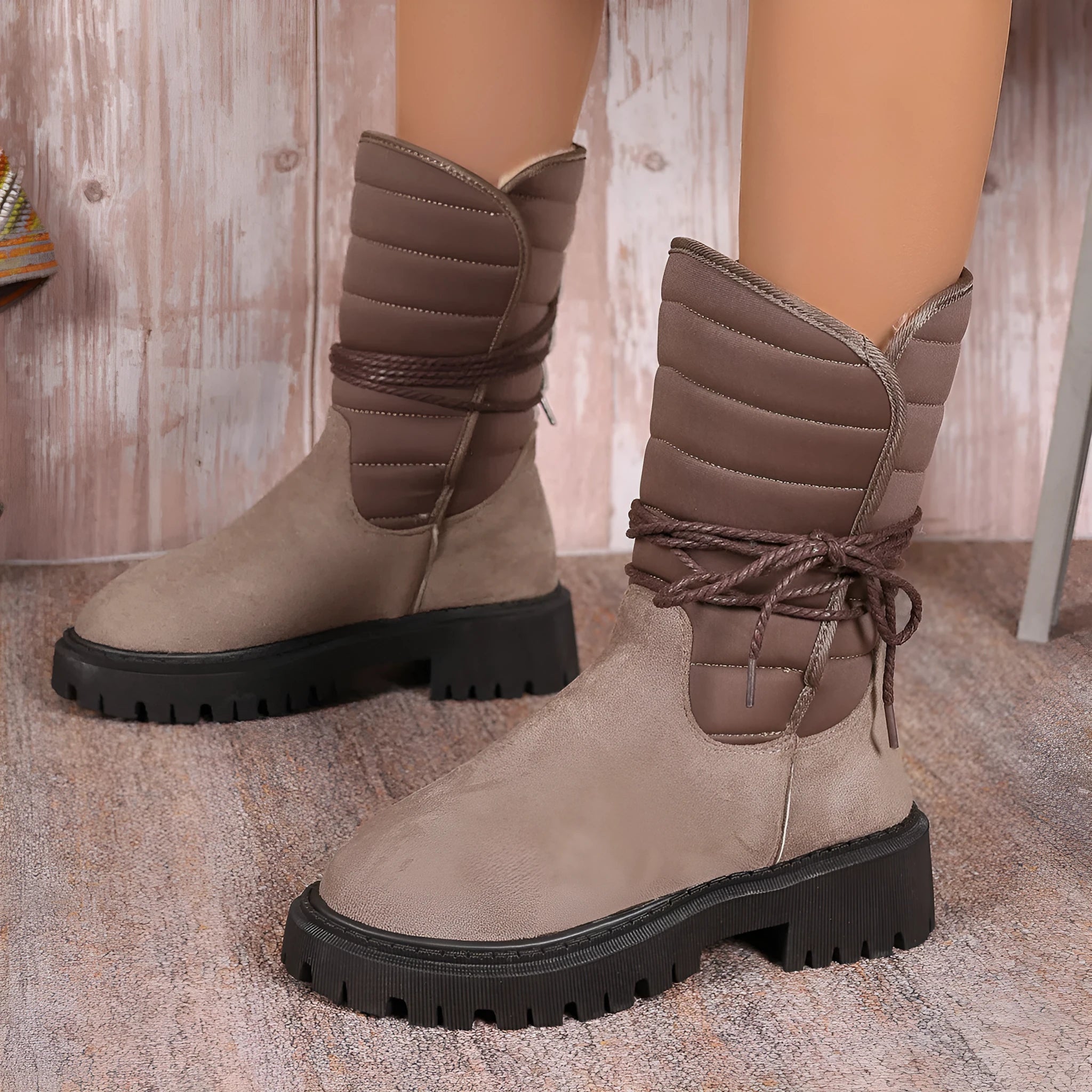 Women's black suede snow boots with chunky heel, fleece lining, and lace-up design.