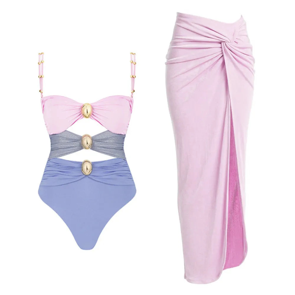 Women's one-piece swimsuit with round buckle decoration and hollow stitching pattern