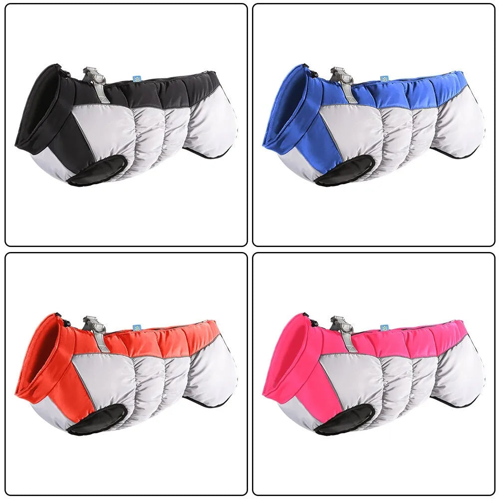 A large dog wearing a reflective waterproof winter coat in polar fleece, available in black, blue, red and rose red.