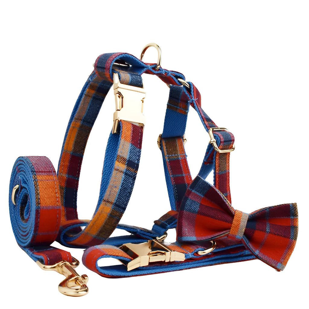Four-piece dog accessory set with collar, leash, bow tie, and vest in cloth material