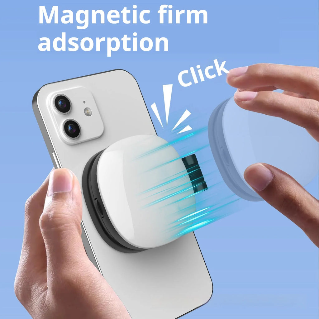 Black and white mini portable fill light with magnetic phone holder, showing three colour temperature buttons and a dimming slider.