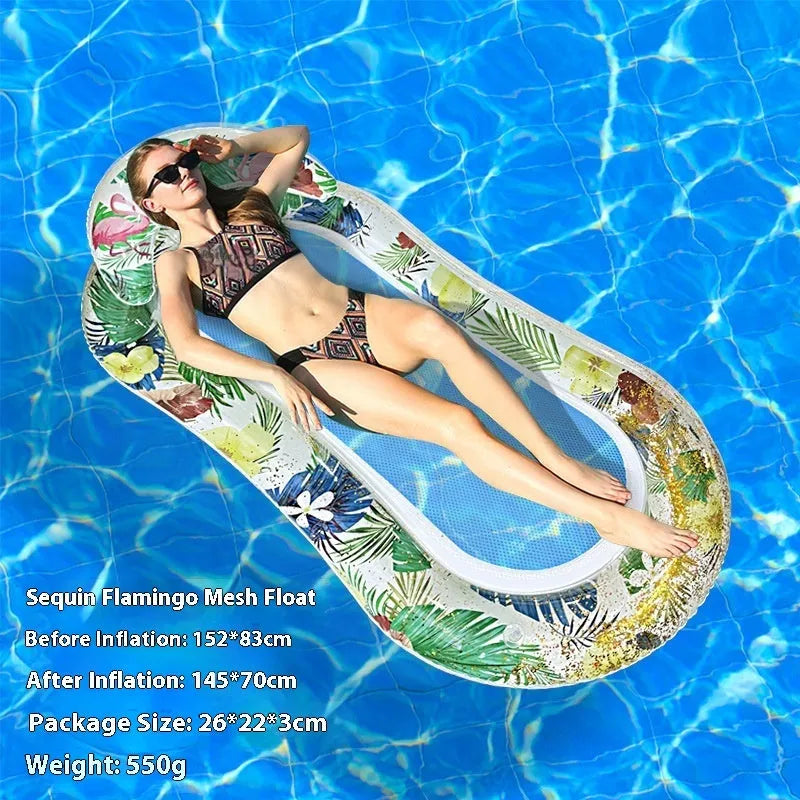 PVC inflatable floating row in multiple colourful designs including sequined patterns and canopy options