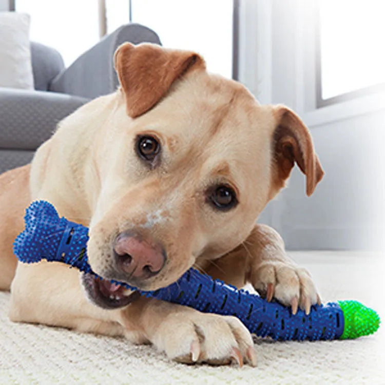 Blue dog dental cleaning stick with serrated brush head and gum massage nodules