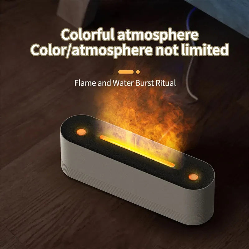 Black or white flame air humidifier with aroma diffuser and 7 colour LED lighting on table