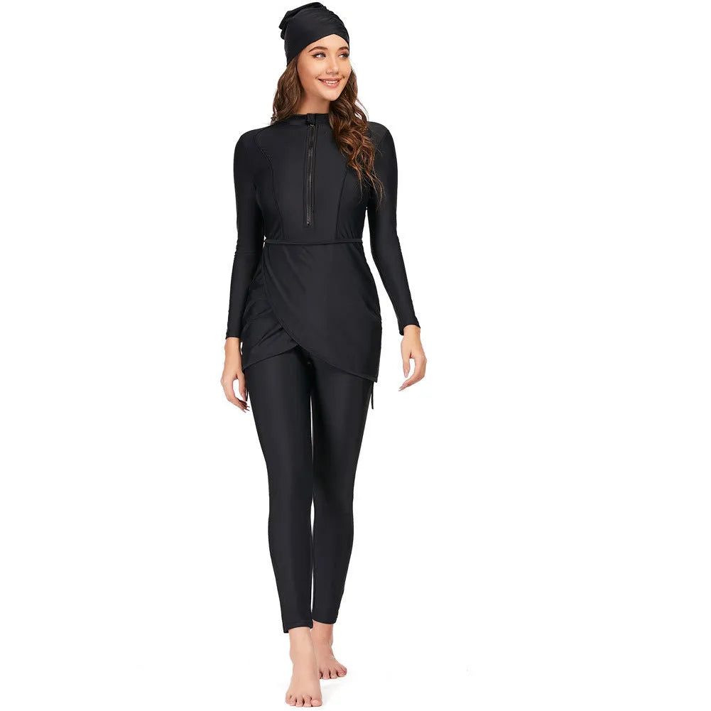 Black conservative Muslim swimsuit for ladies with full coverage, shown with optional briefs and bikini styles.