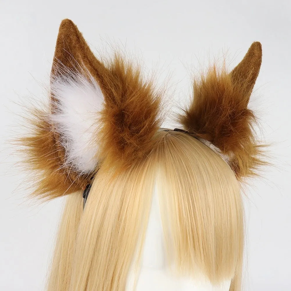 Plush fox ears and tail set in brown with matching plush fabric