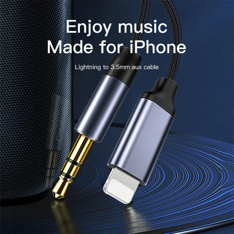 Silver nylon-braided 3.5mm audio cable with connectors on a plain background.