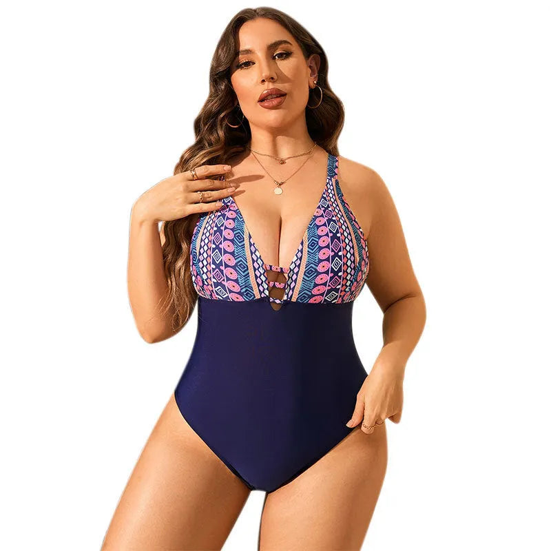 Leopard print plus size one-piece swimsuit with V-neck and belly coverage