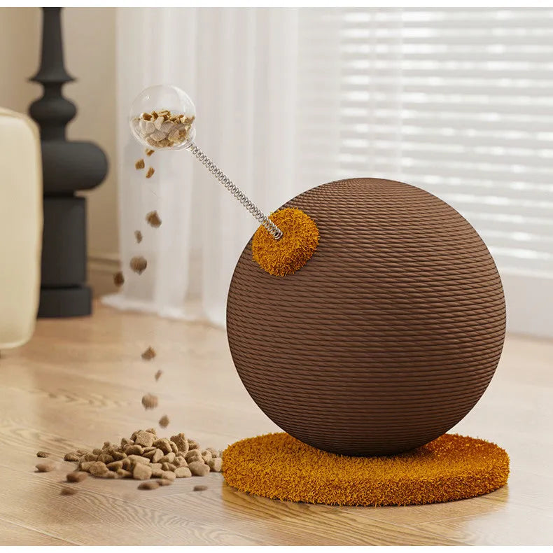 Cat scratch board with hemp rope surface shown with a cat grasping ball accessory