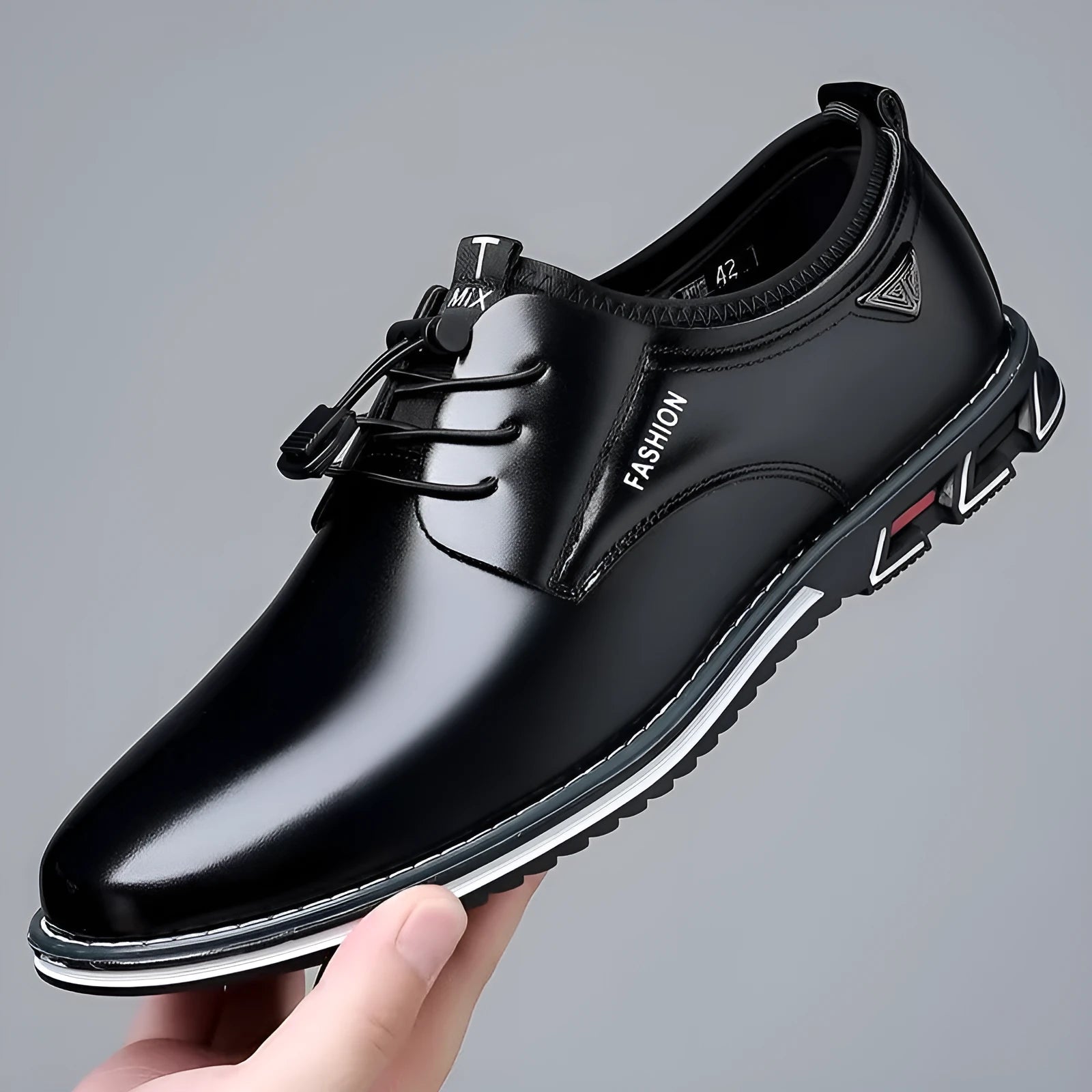 Plus size men's casual leather shoes with artificial PU upper, elastic band, black colour, low top round toe, rubber sole, size 38 to 52