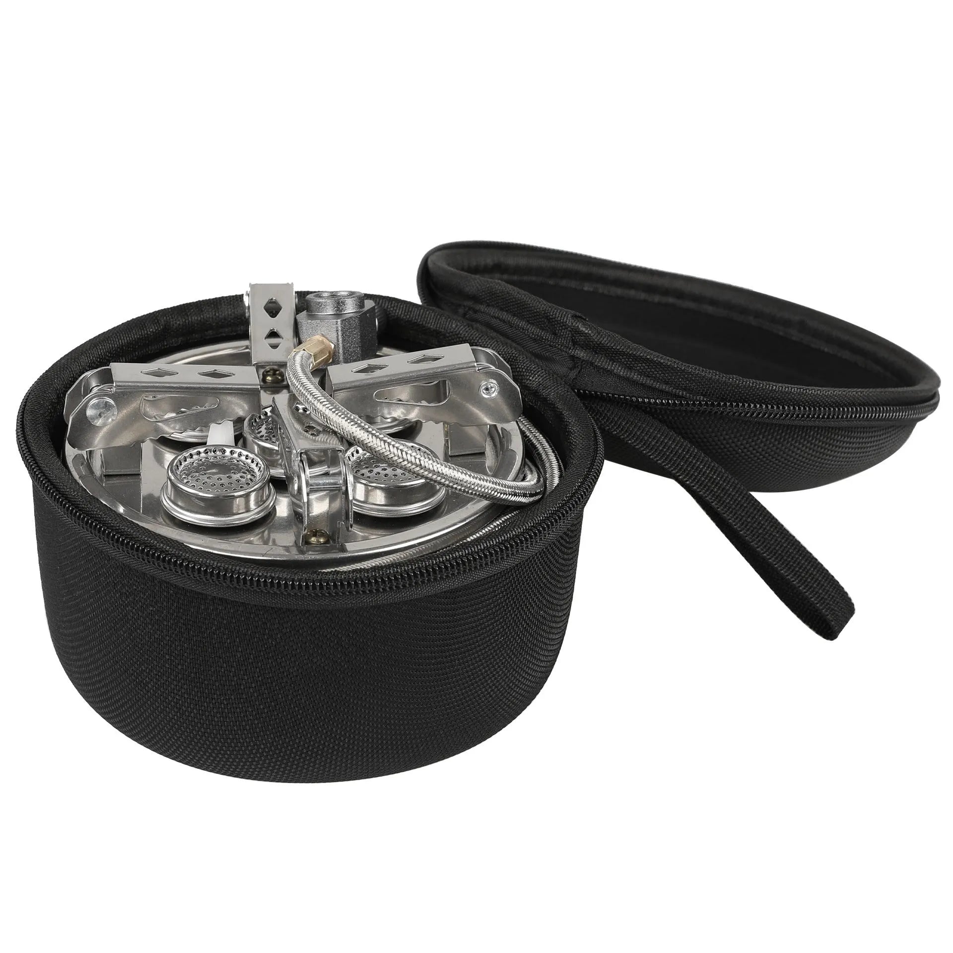 Silver portable stainless steel split camping stove shown unfolded with a 100cm fuel hose.