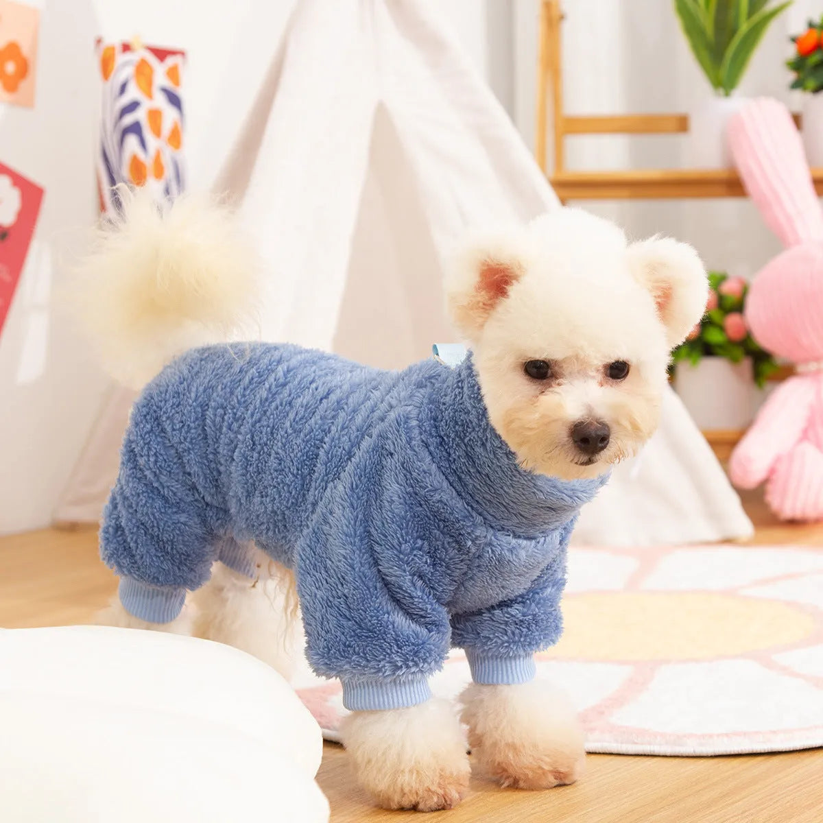 Double-sided plush dog clothes with high collar and towing ring in khaki, pink, or blue colours