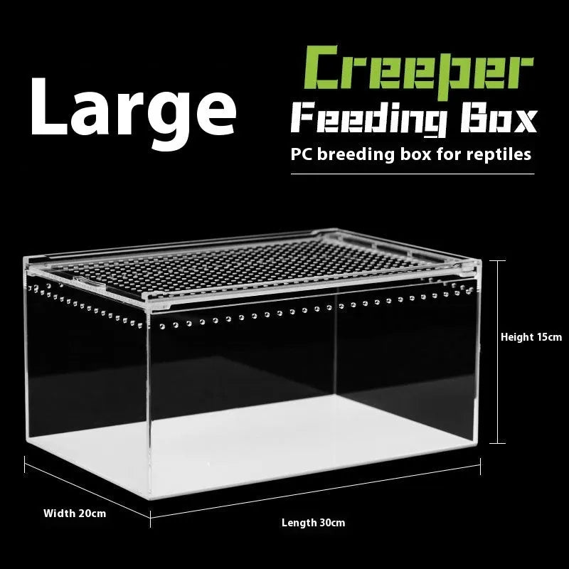 Clear acrylic reptile feeding box with crawl-through opening showing size options