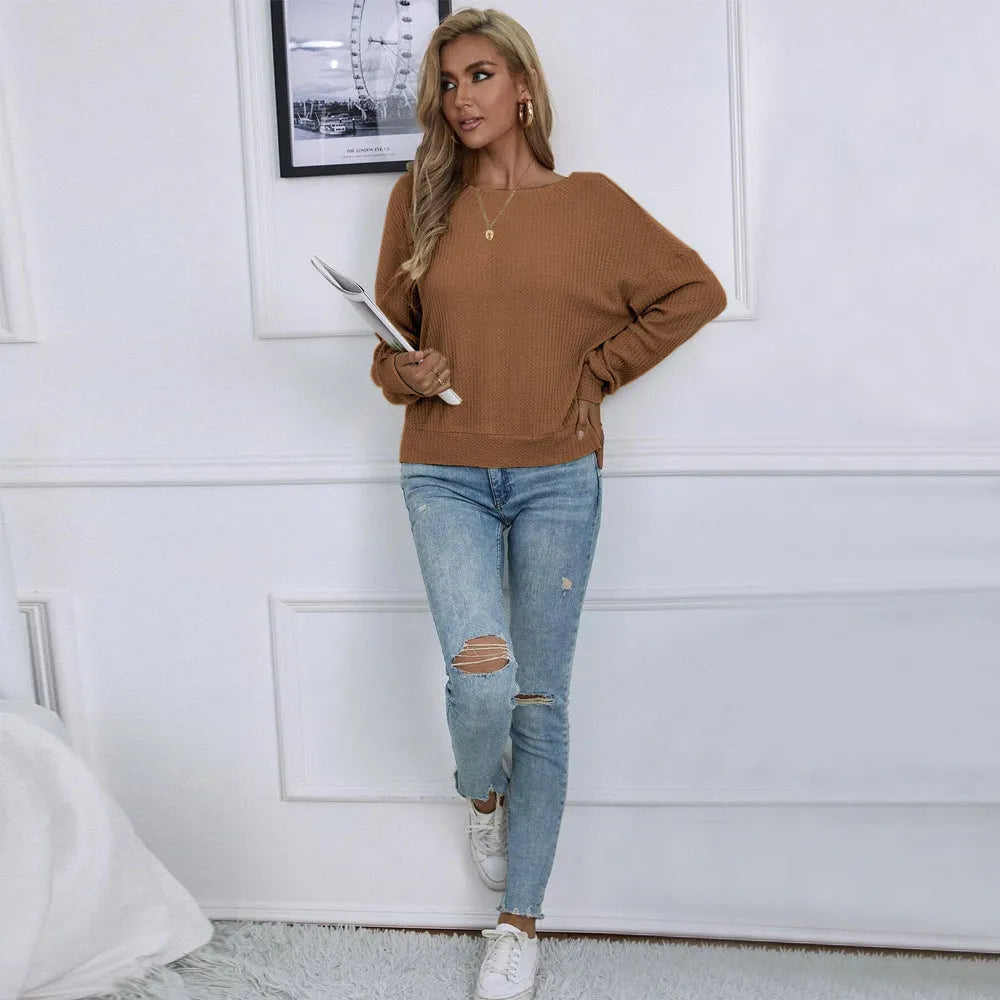 Women's loose casual backless long sleeve pullover in solid brown polyester with drop shoulders