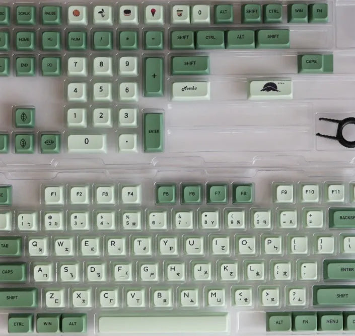 124-key Matcha green PBT keycap set for a mechanical keyboard, showing multiple language layout options.