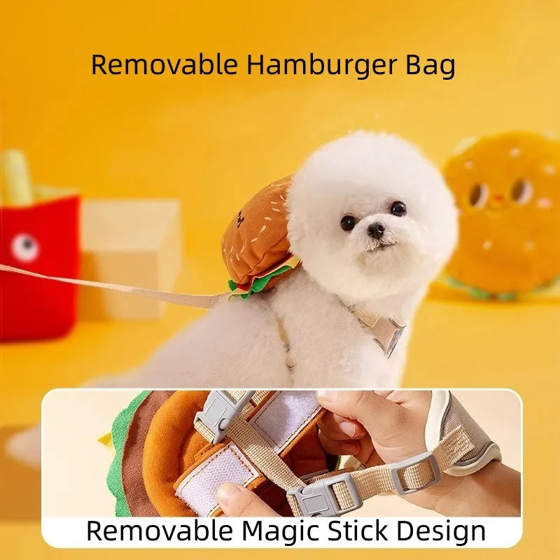 Cartoon hamburger print adjustable vest leash for a small dog, showing backpack-style escape-proof design.