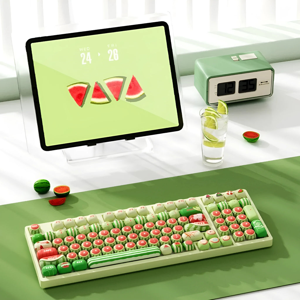 Watermelon and blue PBT keycap set for mechanical keyboards with sublimation print.