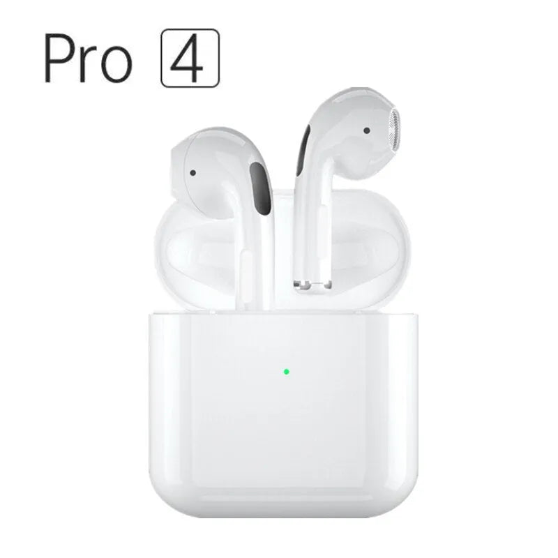 Pro4 White and Black wireless in-ear sports Bluetooth headphones on a plain background.