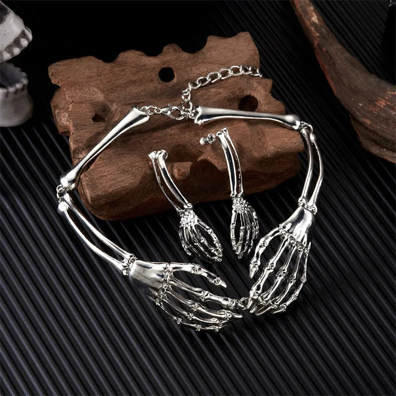 Dark style skull and ghost claw necklace and earrings set in electroplated alloy with adjustable chain