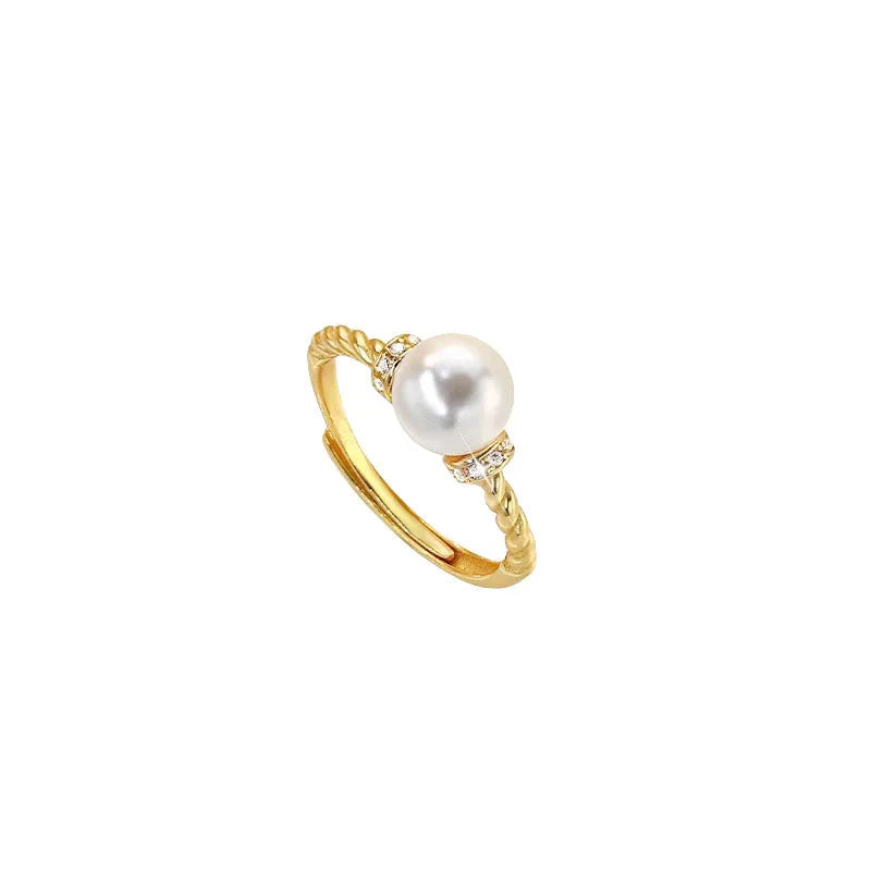 Adjustable antique twist geometric ring with pearl inlay in gold and silver copper