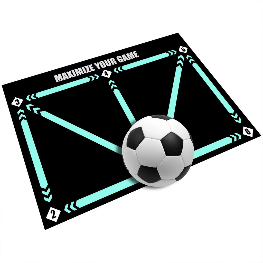 Black football training mat with non-slip rubber base measuring 60cm by 90cm