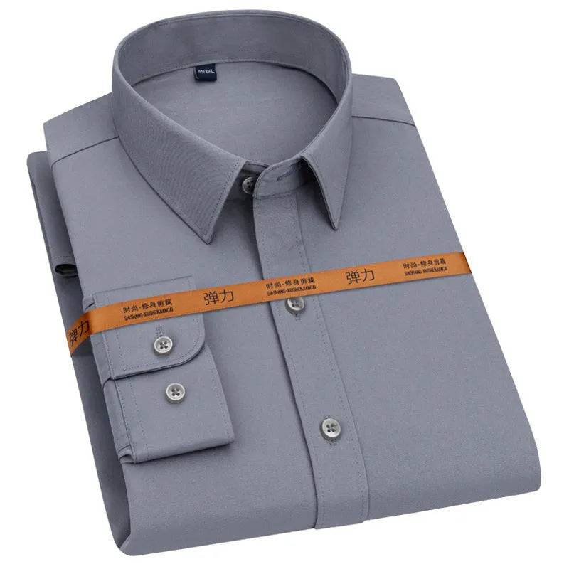 Men's long-sleeved stretch business cardigan shirt in solid colour, slim fit, polyester fabric, autumn work wear