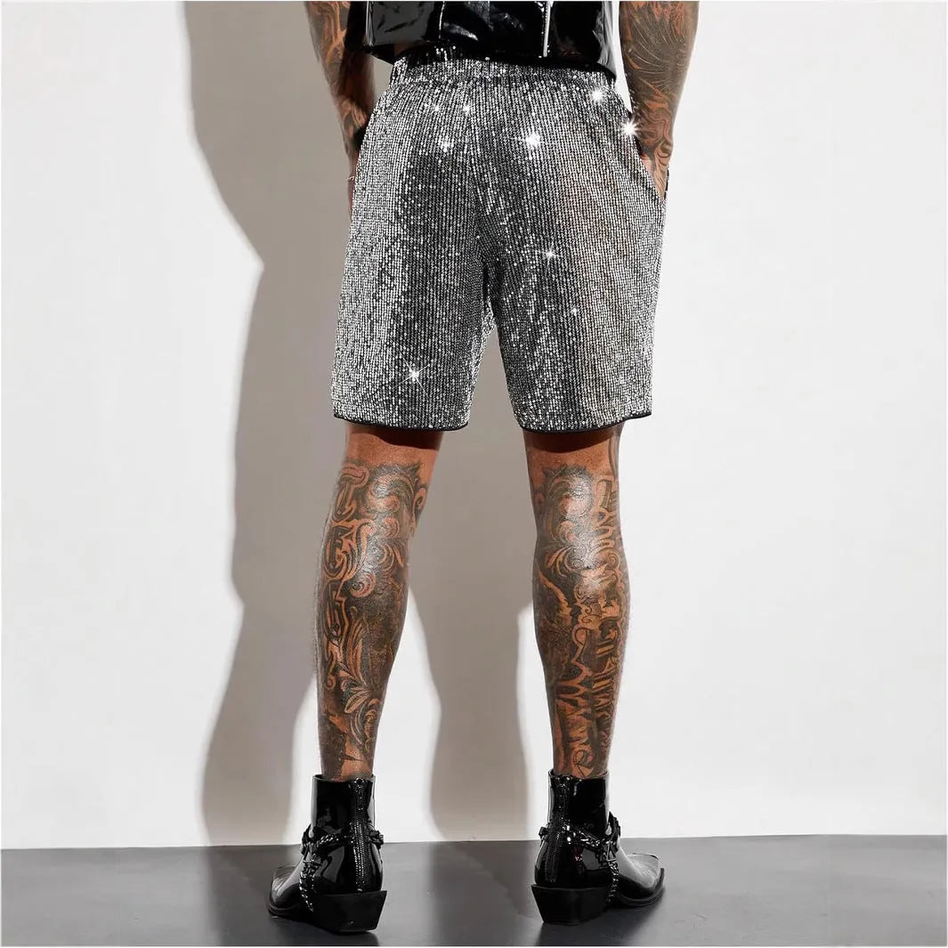 Men's straight cut shorts with sequin details in cotton blend fabric, silver and black colours