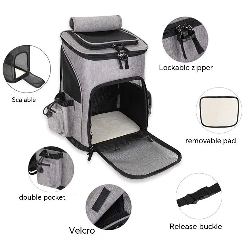 Extendable pet bag in Oxford material, solid colour gray, large 20-35L capacity for dogs and cats