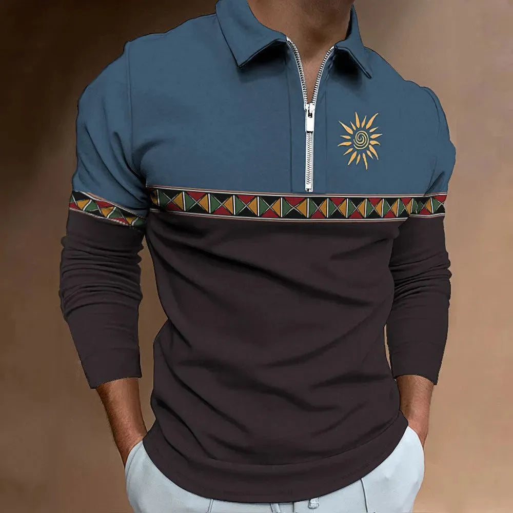 Men's retro print loose fit long sleeve t-shirt with striped pattern and zip decoration