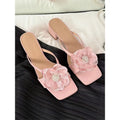 Women's cream-white satin sandals with a chunky heel, square toe, and one-line strap in Korean style.