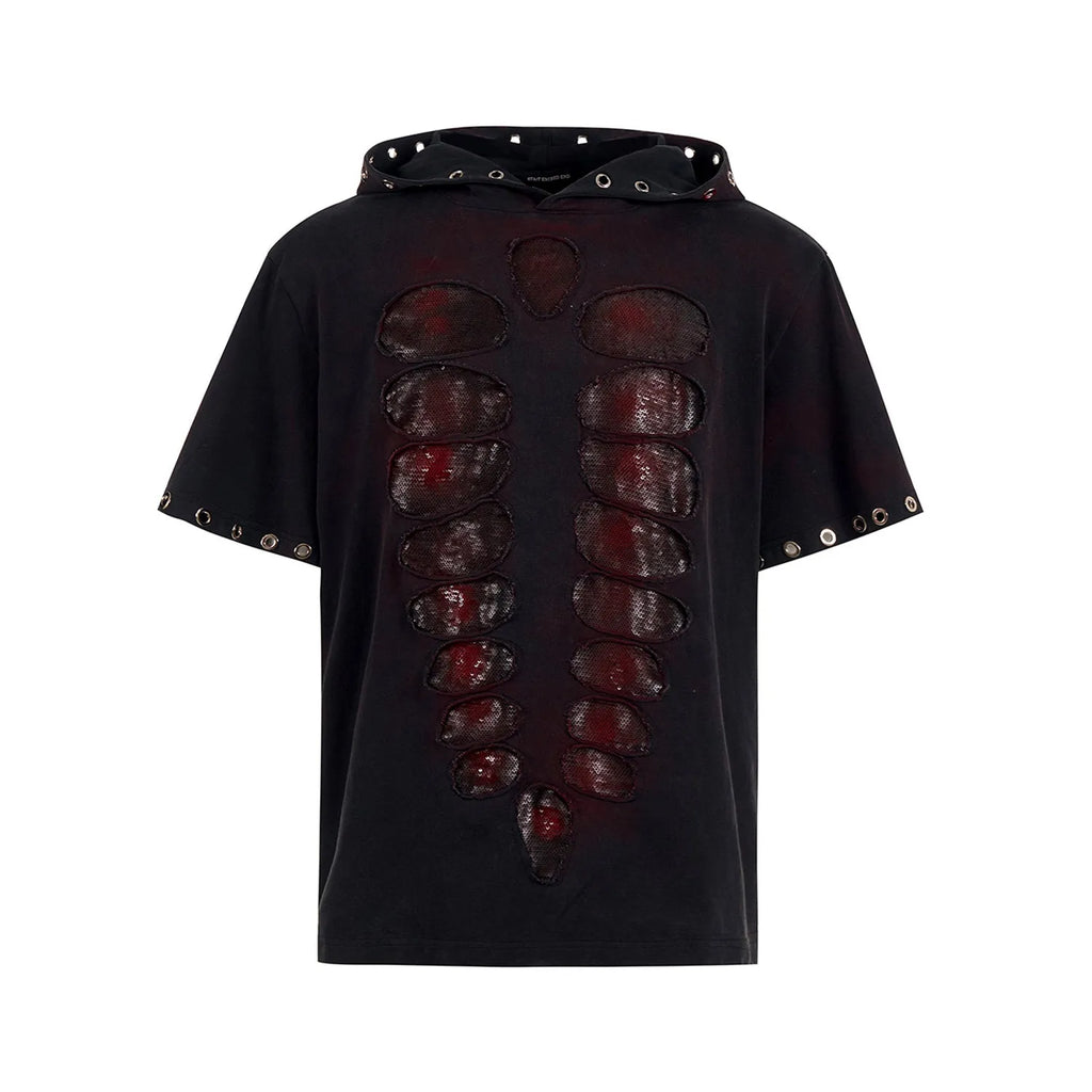 Black hooded men's short-sleeve T-shirt with sequin detailing and loose fit.
