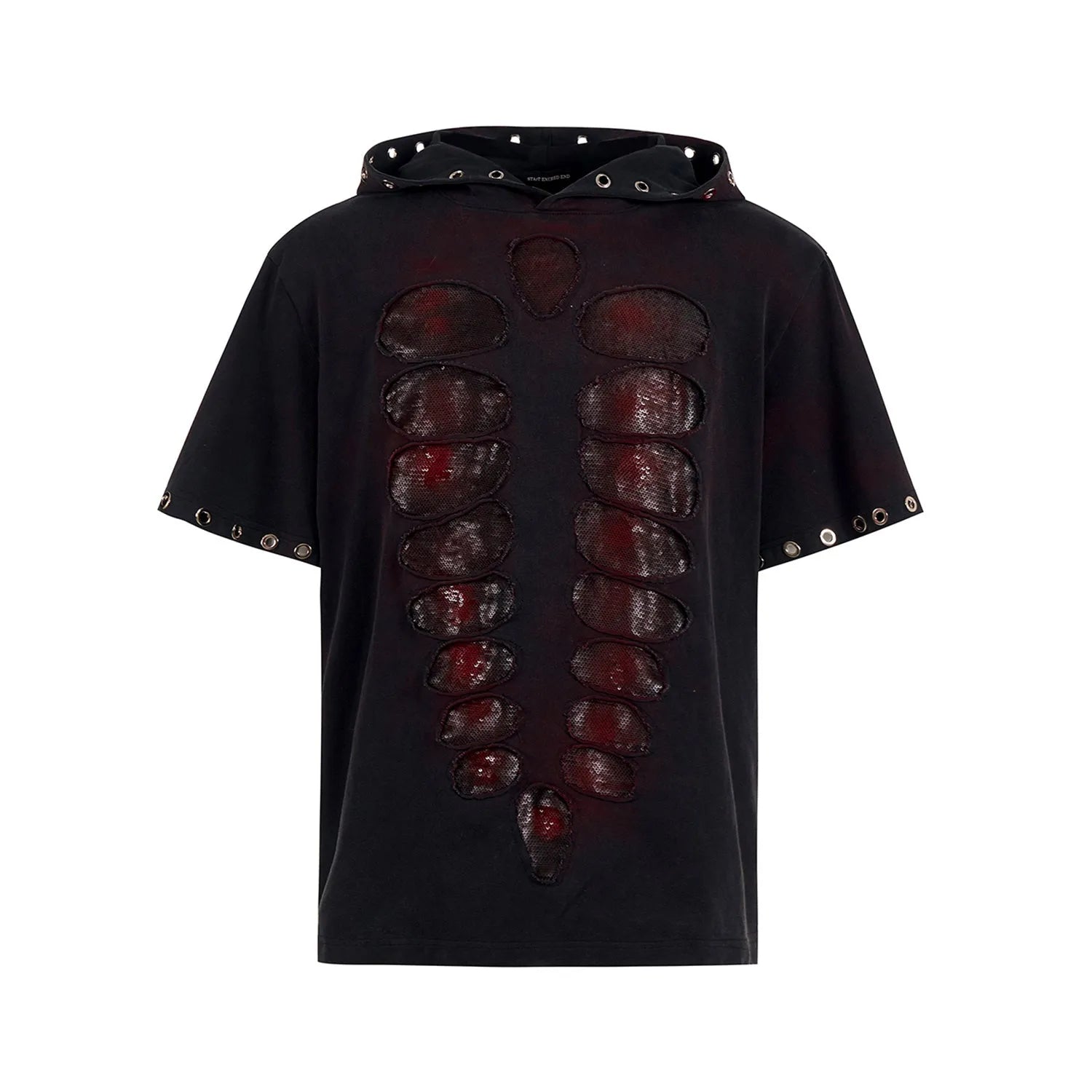 Black hooded men's short-sleeve T-shirt with sequin detailing and loose fit.