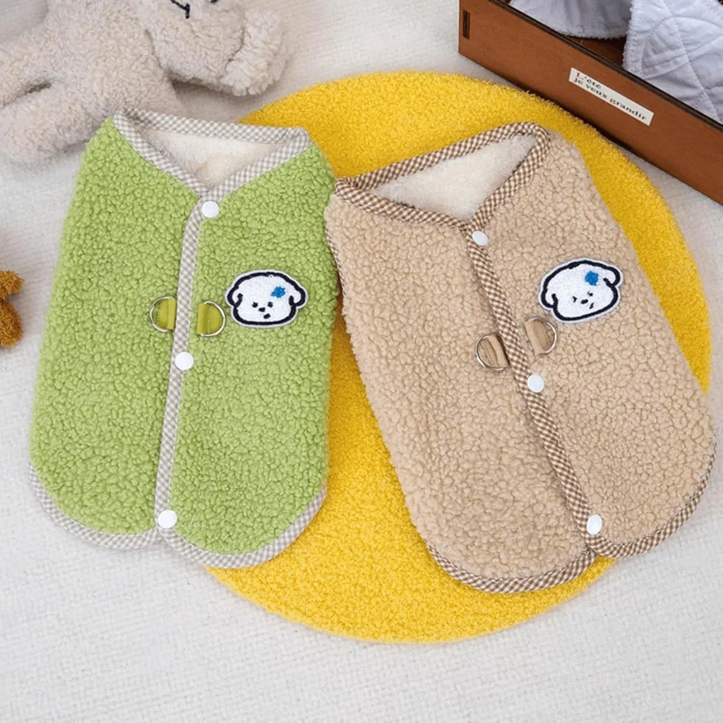 Green thickened coral fleece dog vest with a metal leash ring on the back.