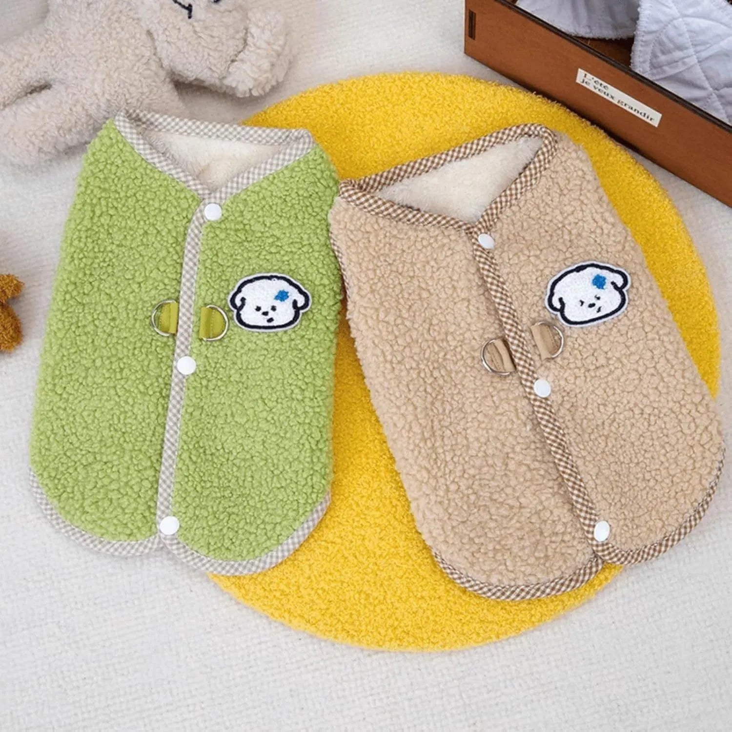 Green thickened coral fleece dog vest with a metal leash ring on the back.