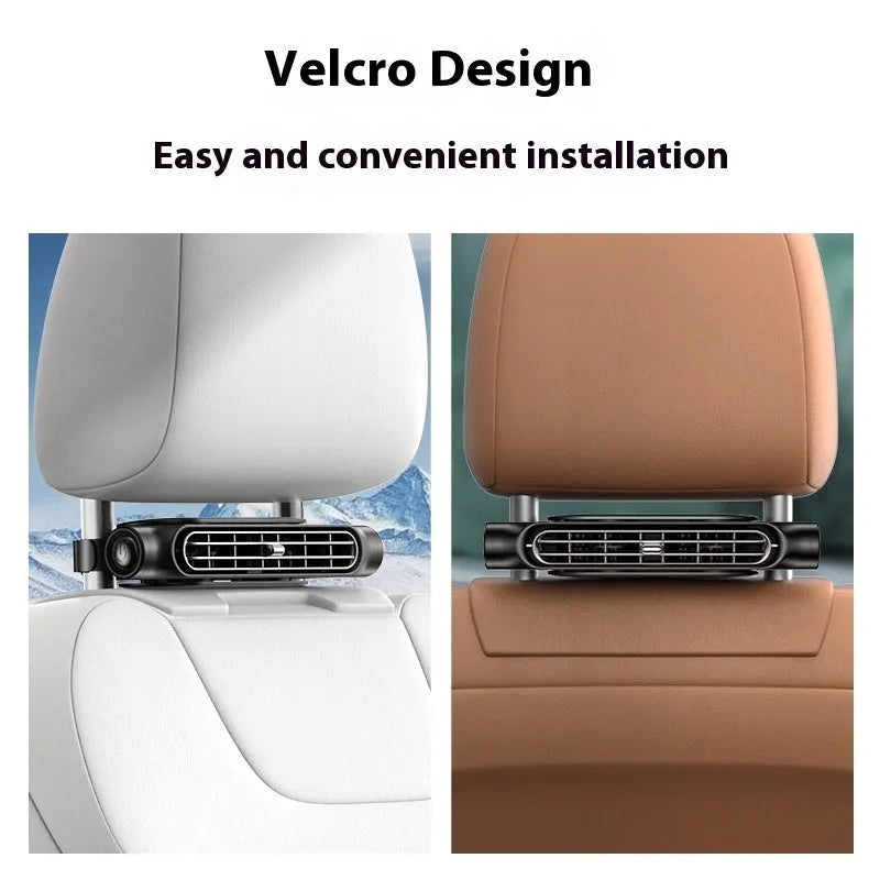 USB-powered bladeless car fan with velcro mount in black, white, or beige