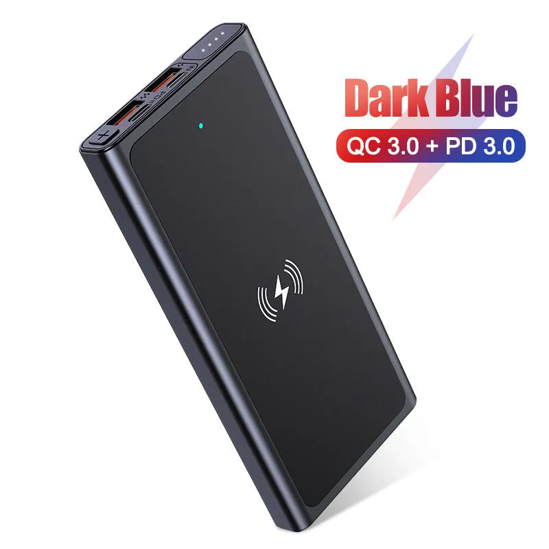 Black and blue aluminium alloy wireless power bank with 10000mAh capacity