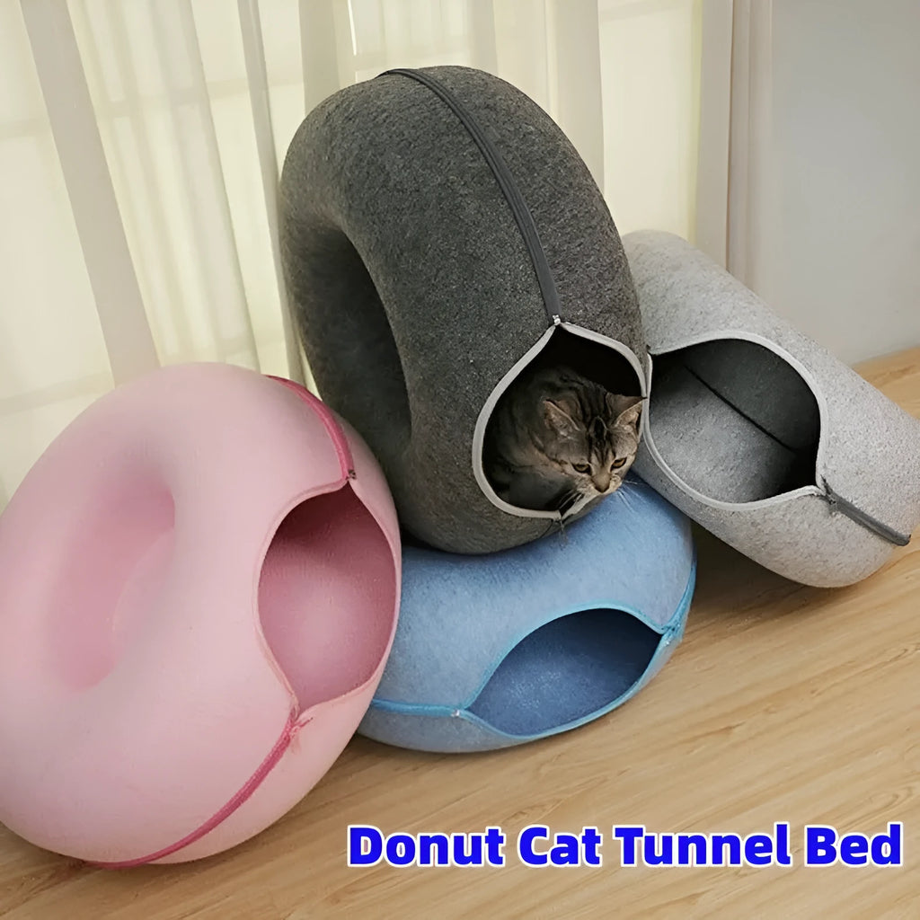 Natural felt donut cat tunnel bed in light grey with tunnel entrance 60x60x27cm