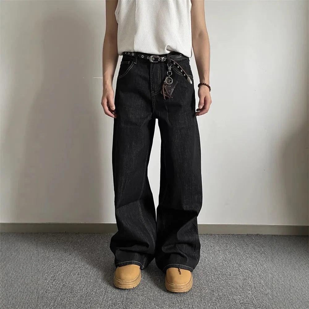 Black loose wide-leg retro jeans with straight-leg cut and zip placket fly
