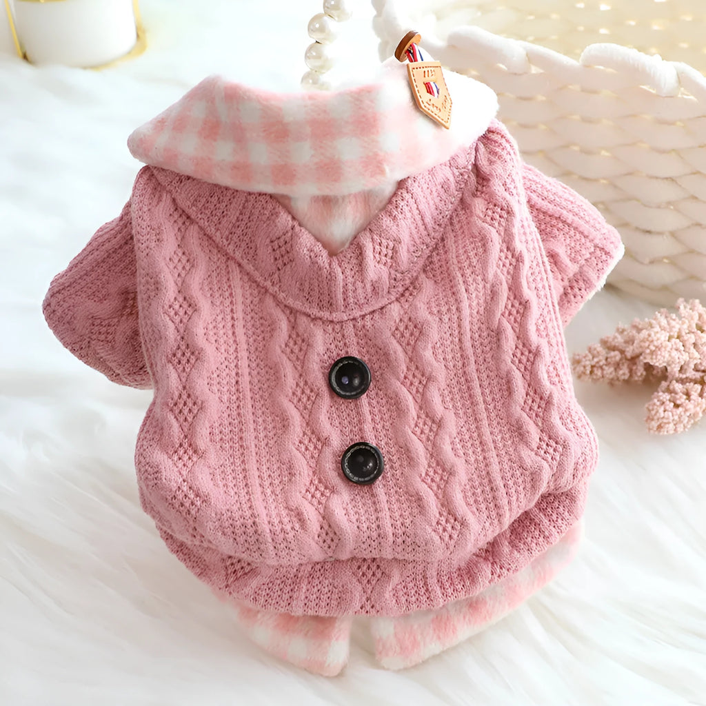 Blue plaid fleece-lined dog sweater with fake two-piece design on small dog