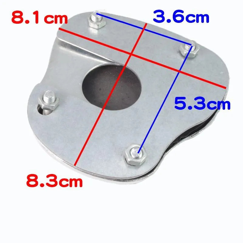 Metal motorcycle brake pedal skid plate showing three style variations for different vehicle types