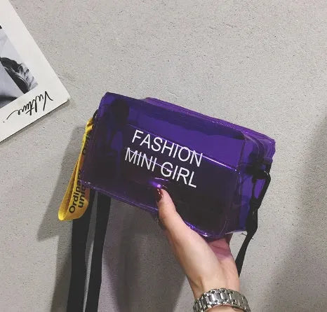 Transparent square jelly shoulder bag in multiple colours with an adjustable long strap.