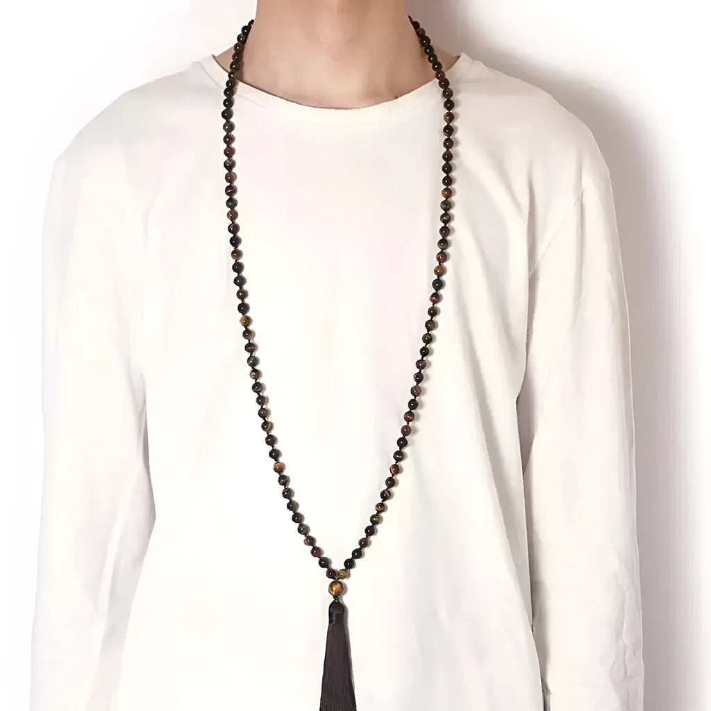 Geometric agate tassel necklace with colourful stone beads on adjustable 95-100cm chain