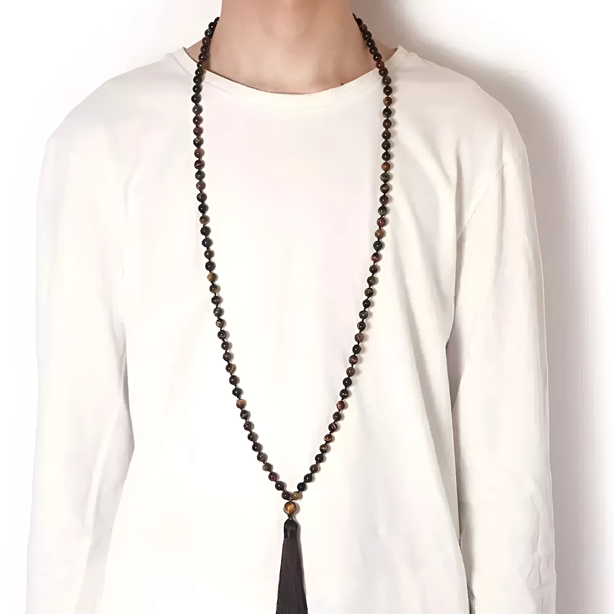 Geometric agate tassel necklace with colourful stone beads on adjustable 95-100cm chain