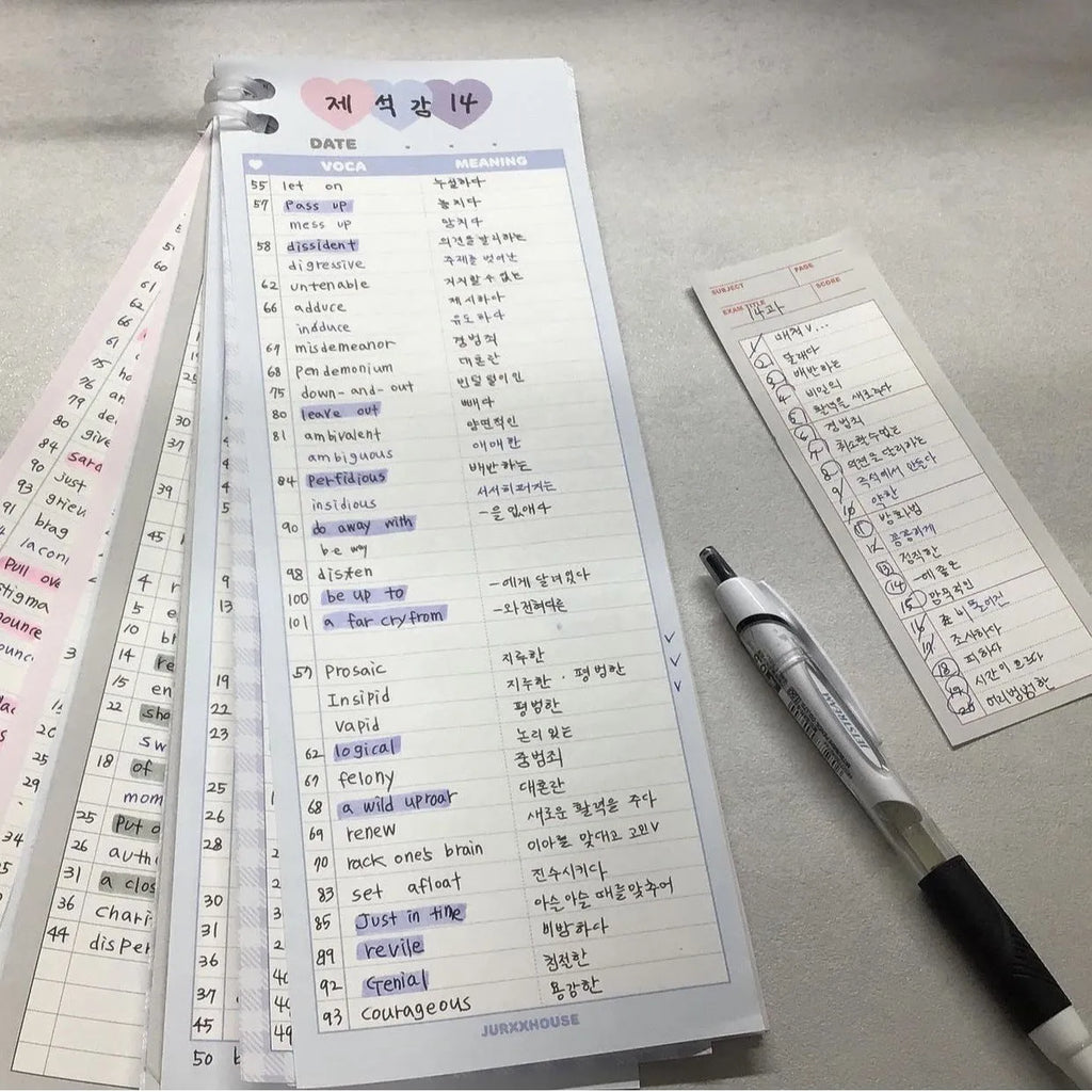 Vertical English words learning notepad with half B5 size measuring 9.1 by 25.7cm