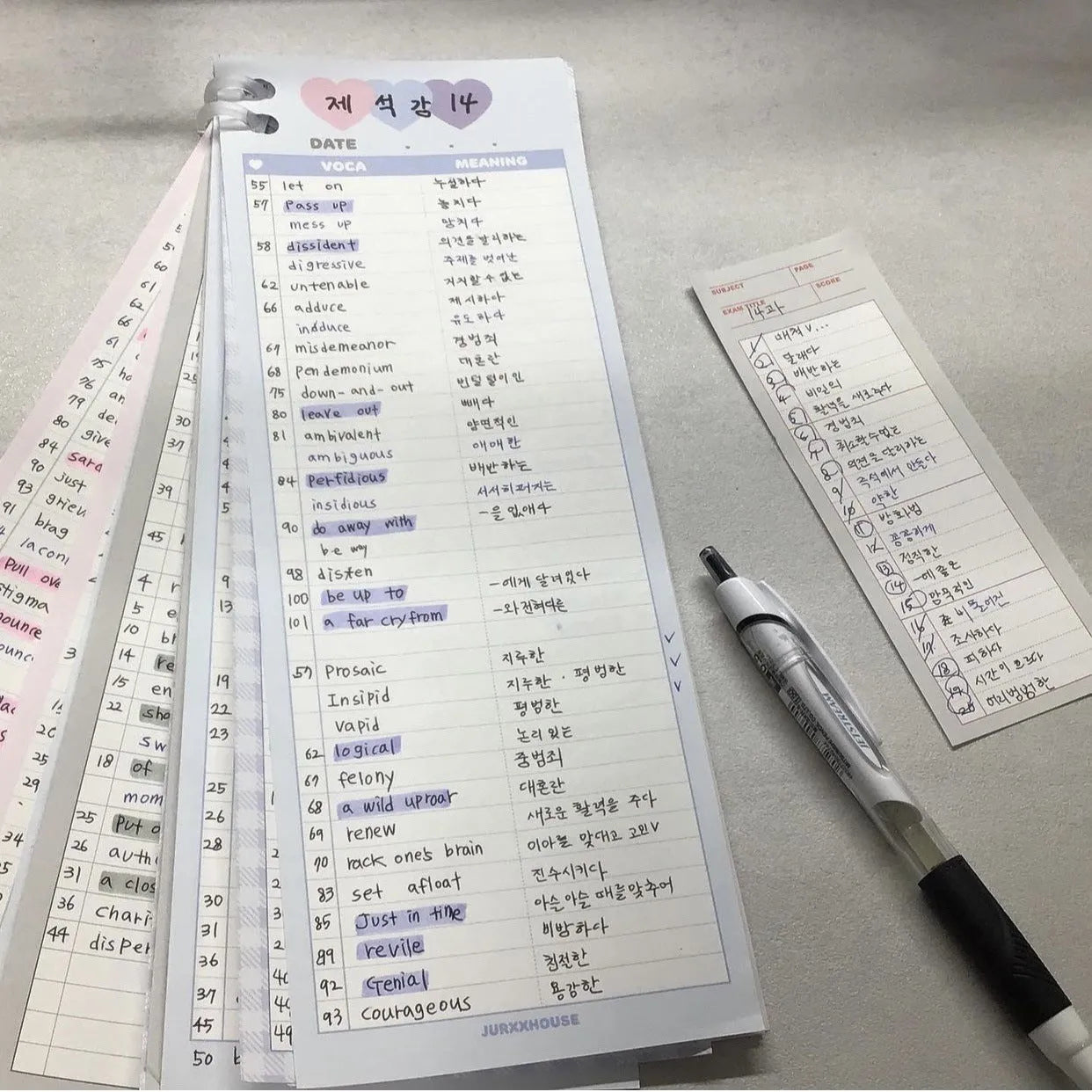 Vertical English words learning notepad with half B5 size measuring 9.1 by 25.7cm