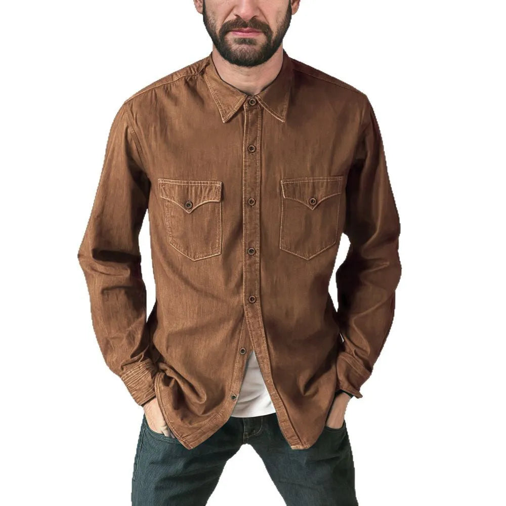 A khaki-coloured cotton denim cardigan coat with long sleeves on a hanger.