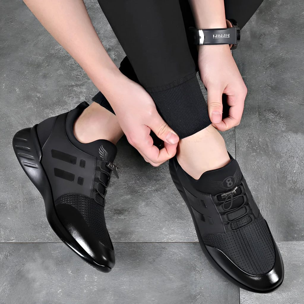 Men's black genuine leather casual shoes with an internal 8cm height-increasing chunky heel.