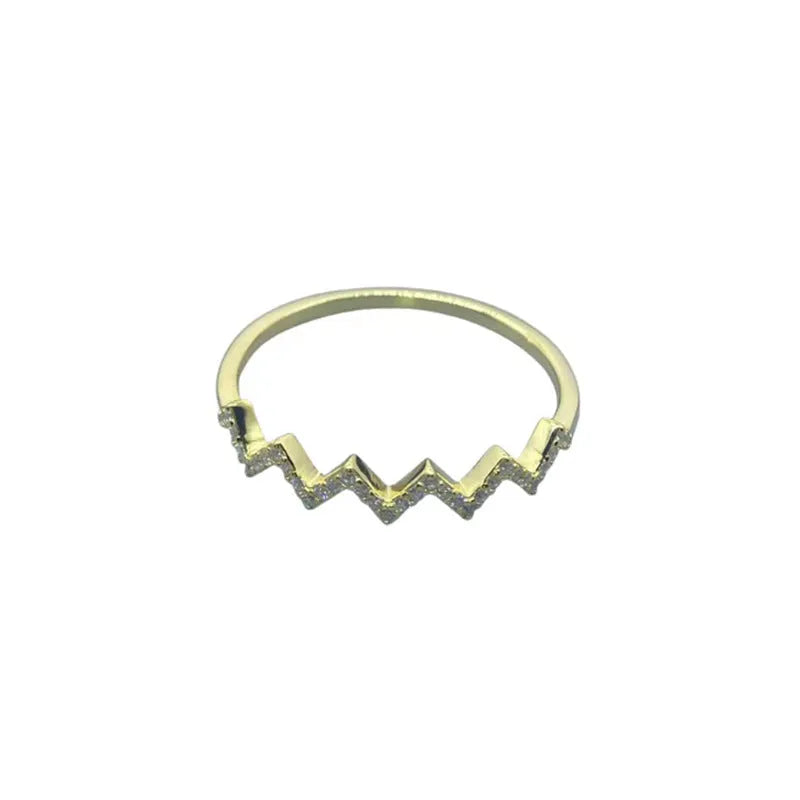 Wave pattern zircon inlaid ring in 925 silver, adjustable opening, gold colour finish, geometric wavy design
